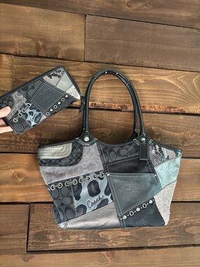 Coach black and gray patchwork matching purse bag and wallet